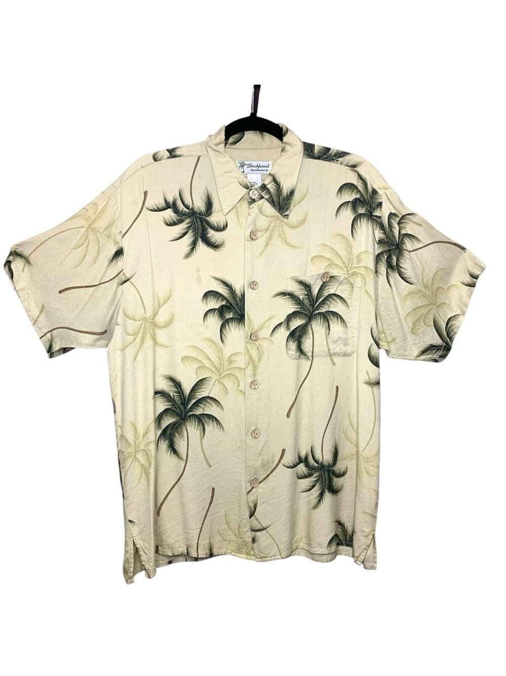 Vintage Tropical Palm Silk Blend Short-Sleeve Shirt Beige Green Button up Sz M